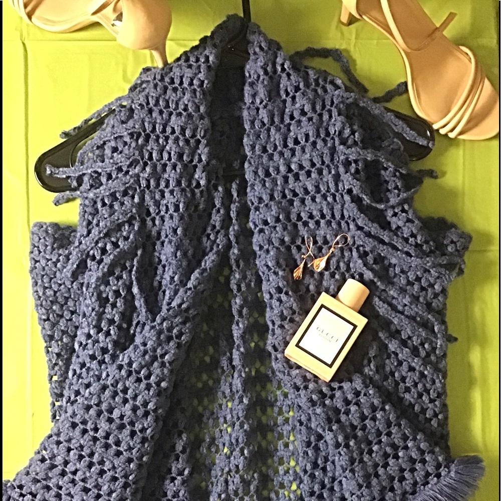 Blue-grey Draped Open Front Knit Poncho One size